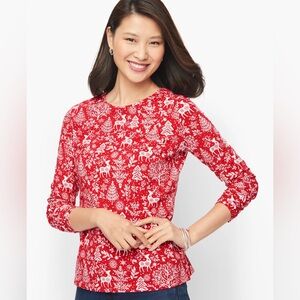 Talbots Classic Crewneck Tee - Red Holiday Toile, Size S